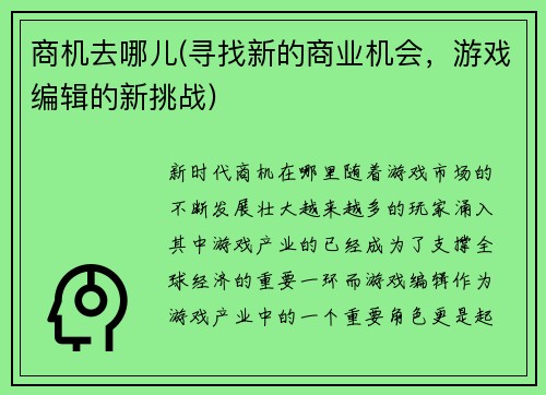 商机去哪儿(寻找新的商业机会，游戏编辑的新挑战)