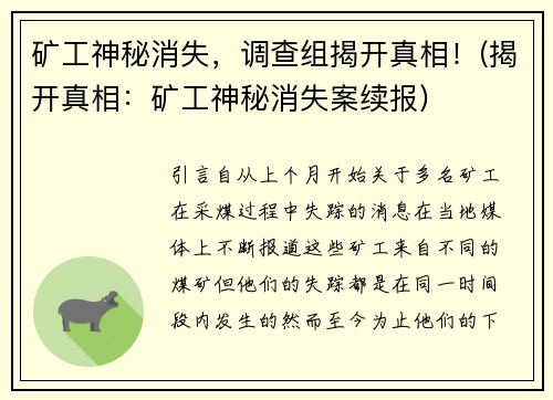 矿工神秘消失，调查组揭开真相！(揭开真相：矿工神秘消失案续报)
